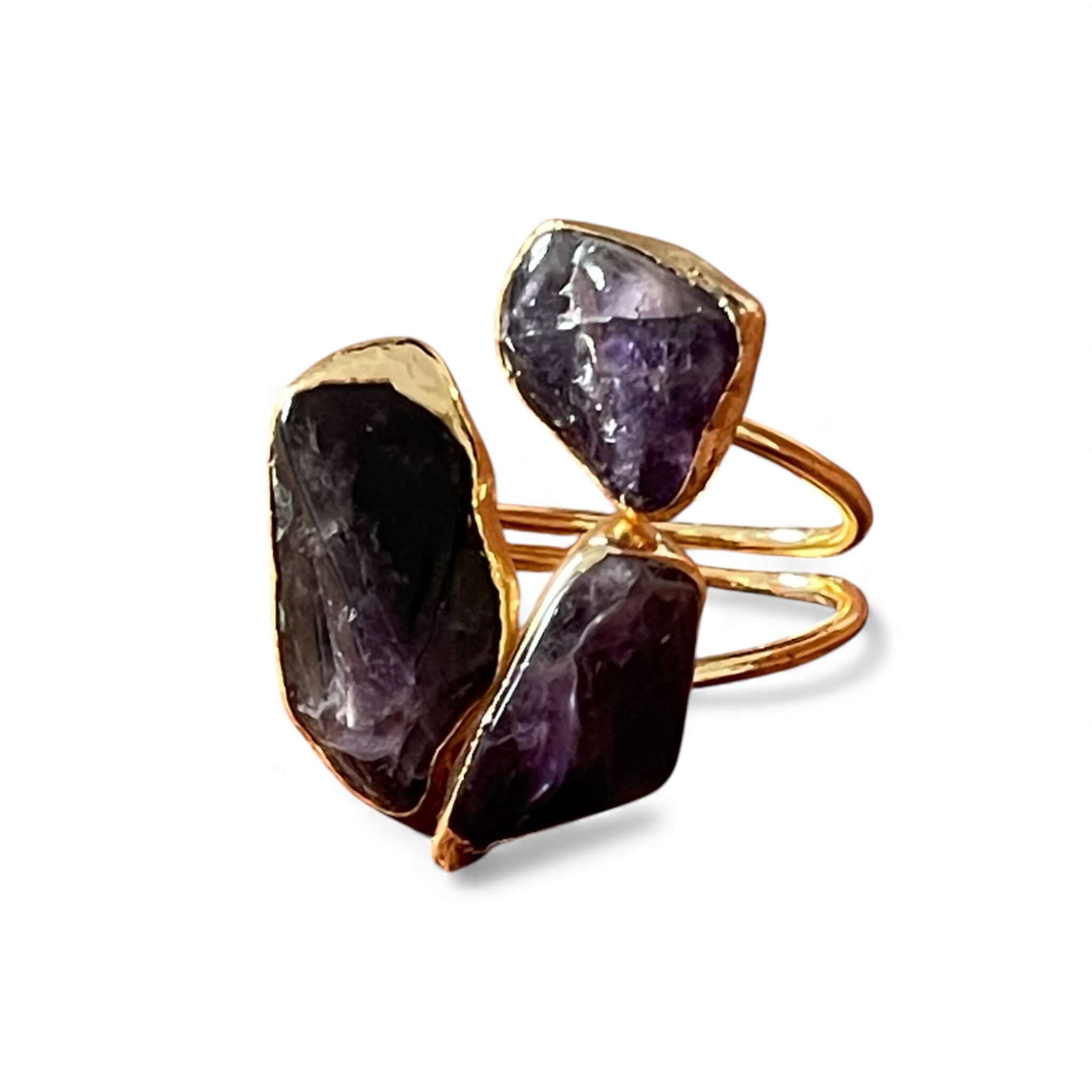 18k Gold Plated Raw Amethyst Statement Ring | Triple Stone Adjustable Cluster
