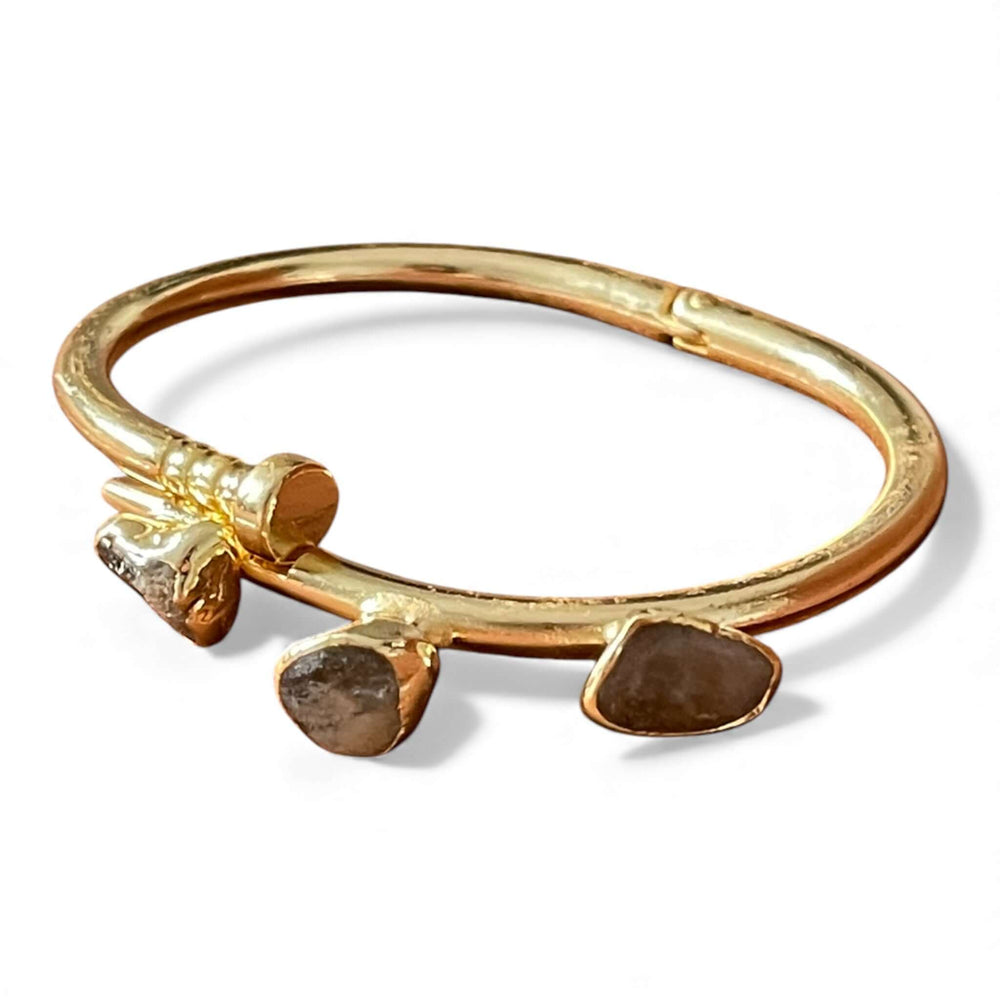18k Gold Plated Raw Stone Trio Bangle | Hinged Cuff Bracelet