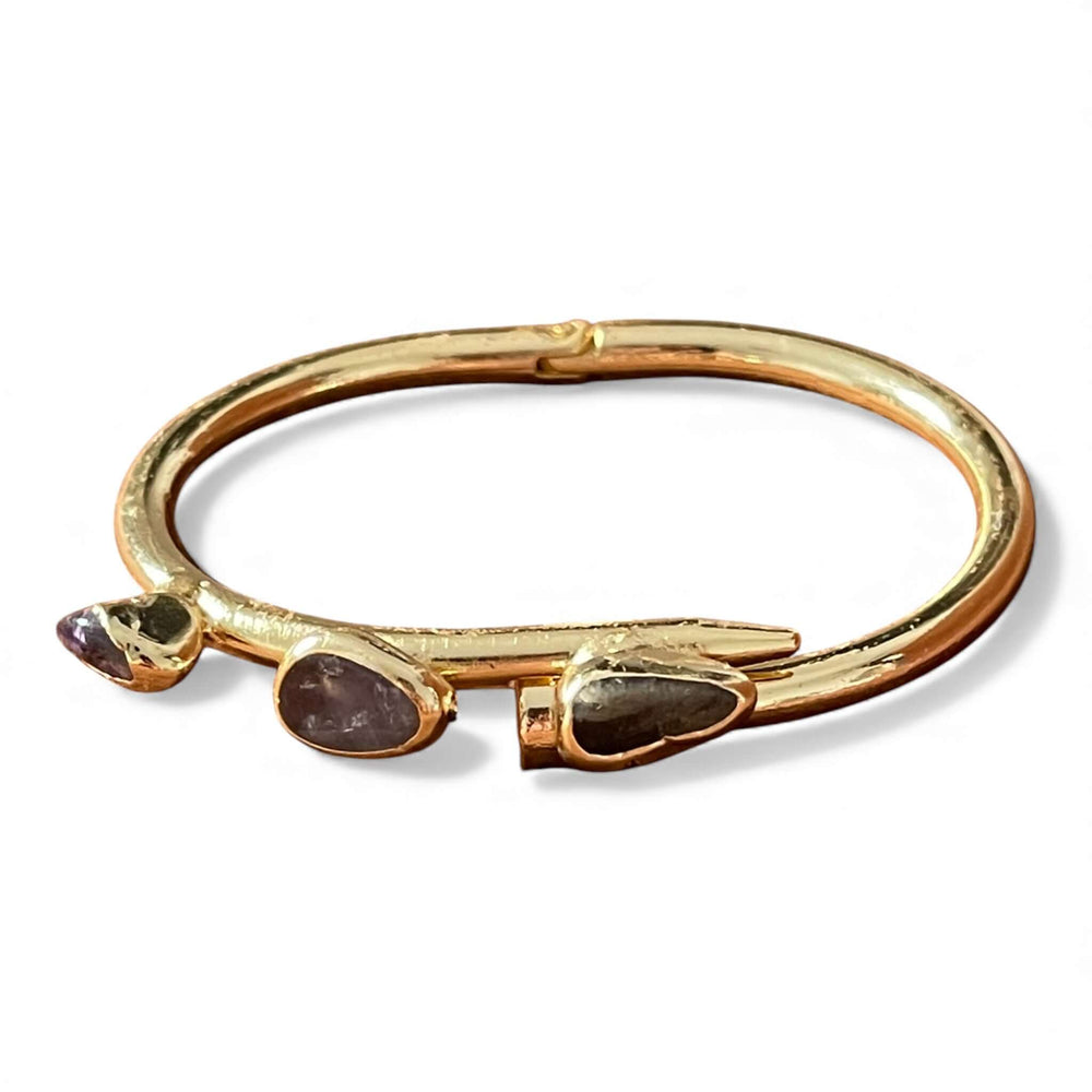 18k Gold Plated Raw Stone Trio Bangle | Hinged Cuff Bracelet