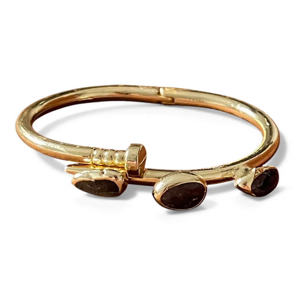 18k Gold Plated Raw Stone Trio Bangle | Hinged Cuff Bracelet
