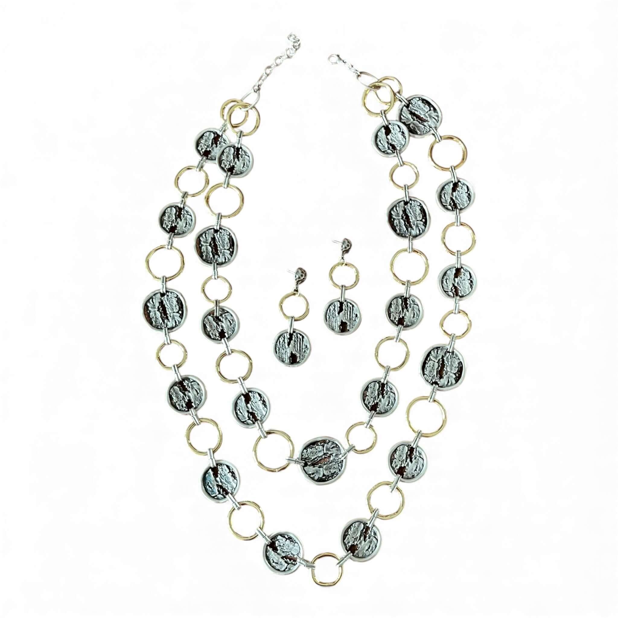 Luxe 18k Gold Plated Long Layered Necklace & Earring Set | Textured Statement Disc Design