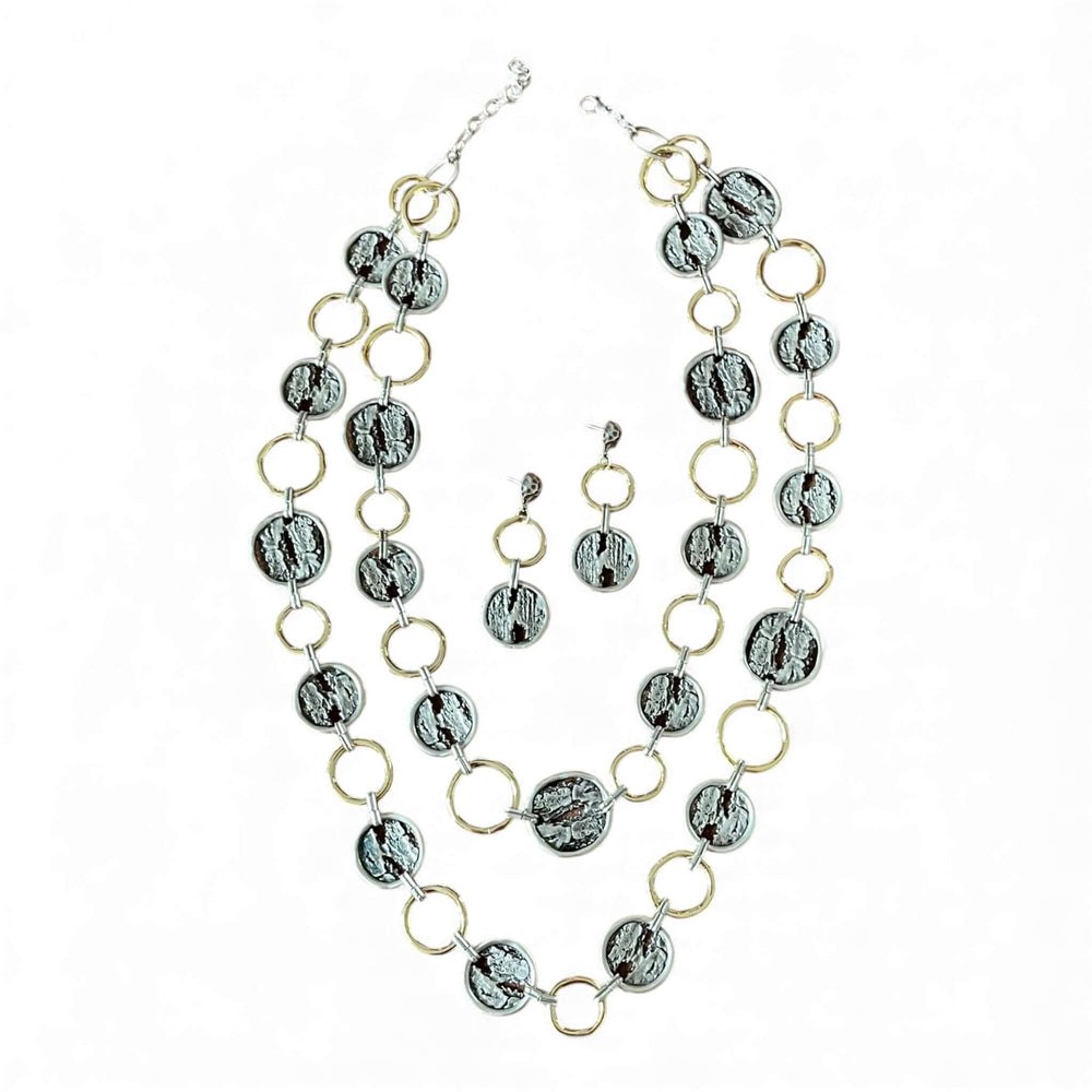 Luxe 18k Gold Plated Long Layered Necklace & Earring Set | Textured Statement Disc Design