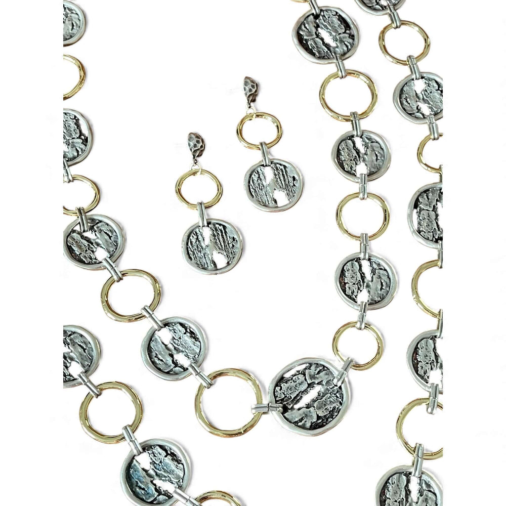 Luxe 18k Gold Plated Long Layered Necklace & Earring Set | Textured Statement Disc Design