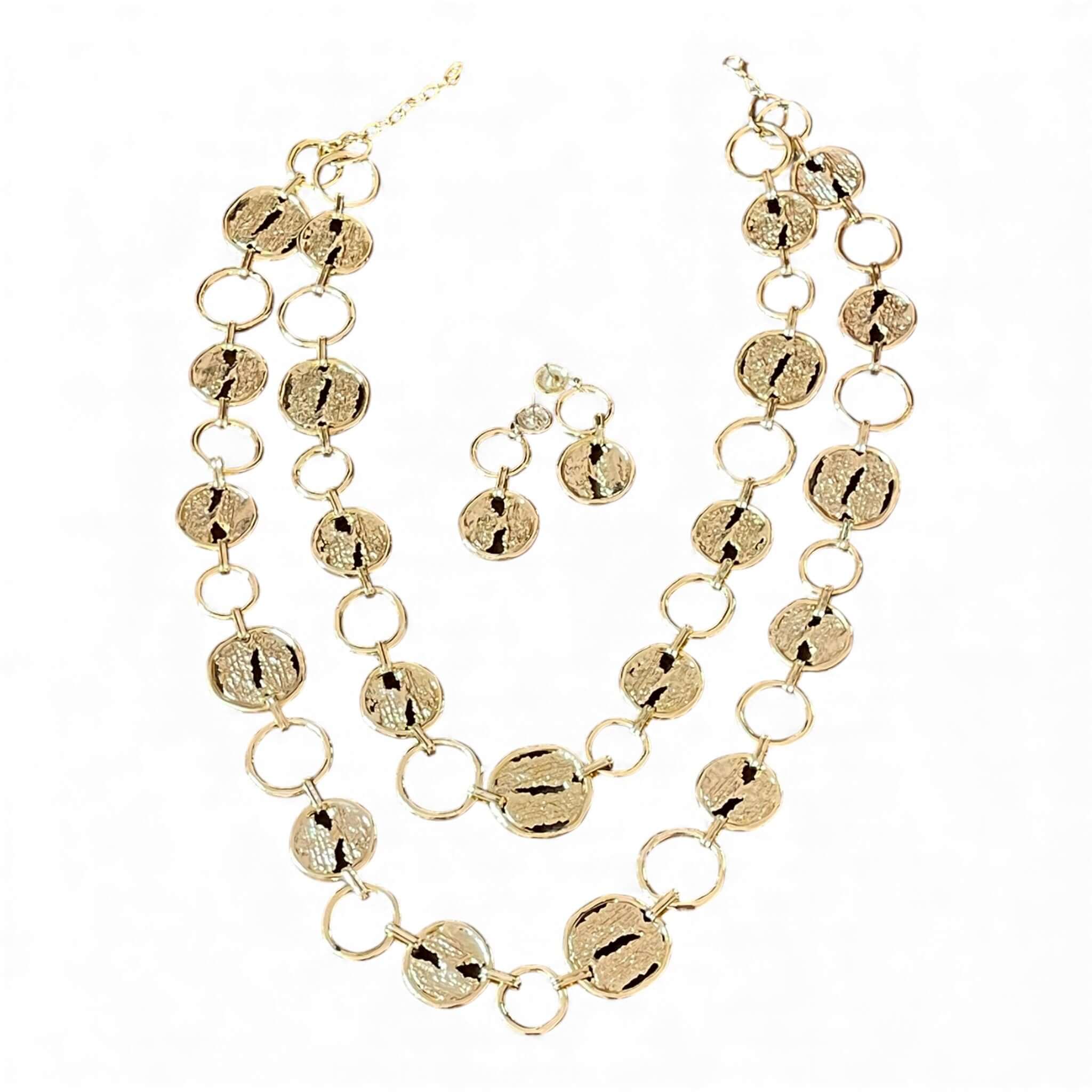 Luxe 18k Gold Plated Long Layered Necklace & Earring Set | Textured Statement Disc Design