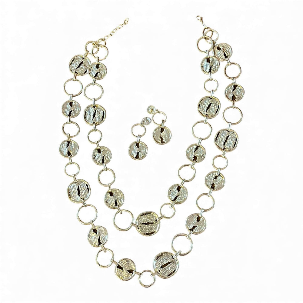 Luxe 18k Gold Plated Long Layered Necklace & Earring Set | Textured Statement Disc Design