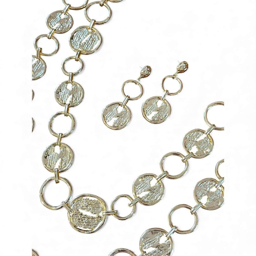 Luxe 18k Gold Plated Long Layered Necklace & Earring Set | Textured Statement Disc Design