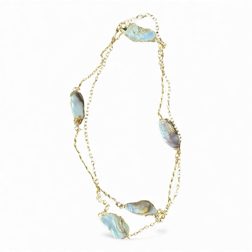 18K Gold Plated Handmade Organic Keshi Baroque Pearl Long Layering Necklace, 126 cm