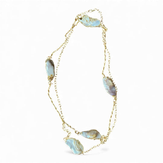 18K Gold Plated Handmade Organic Keshi Baroque Pearl Long Layering Necklace, 126 cm