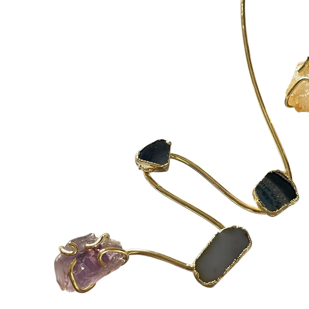 One of a Kind 18k Gold Plated Raw Crystal & Agate Open Choker Statement