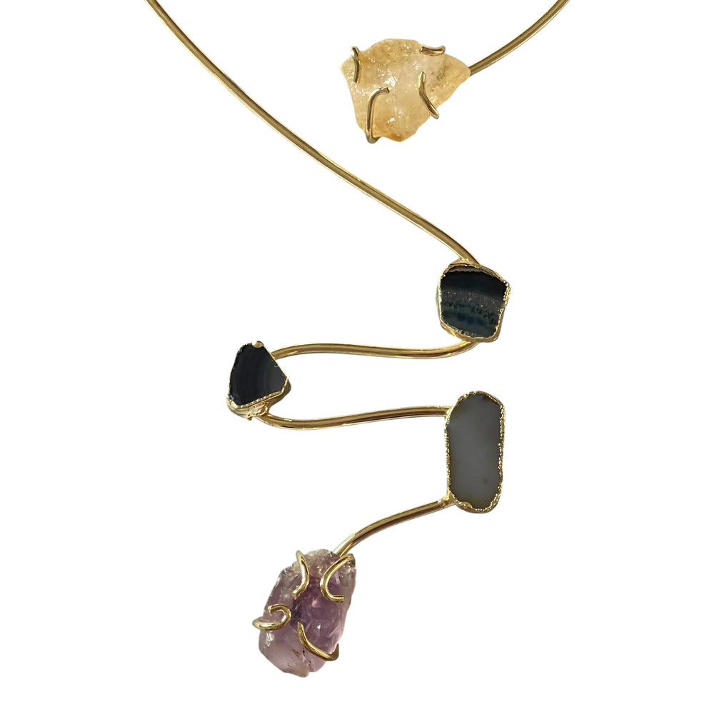 One of a Kind 18k Gold Plated Raw Crystal & Agate Open Choker Statement