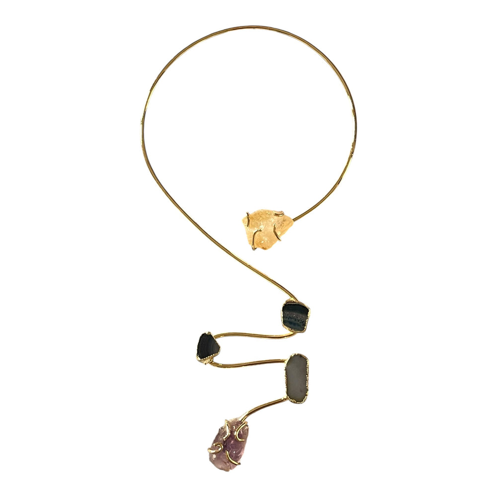 Unieke 18k Vergulde Ruwe Kristal & Agaat Open Choker Statement