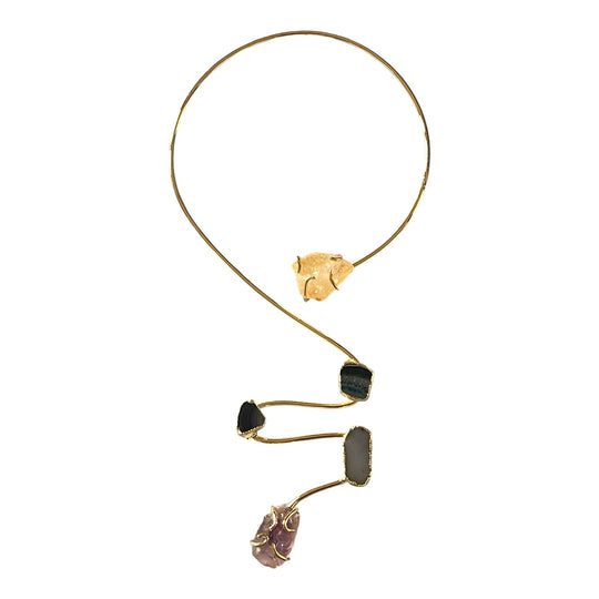 One of a Kind 18k Gold Plated Raw Crystal & Agate Open Choker Statement
