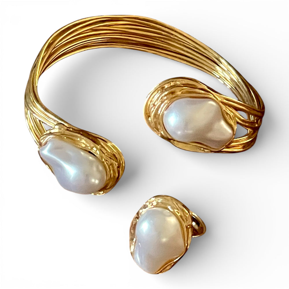 Aramele 18k Gold Plated Baroque Pearl Statement Set | Open Choker, Cuff & Ring