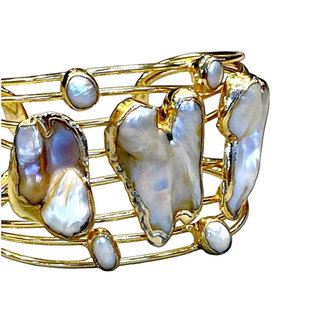 Gold Baroque Pearl Bracelet – Artisan Gold Cuff & Statement Pearl Ring Set