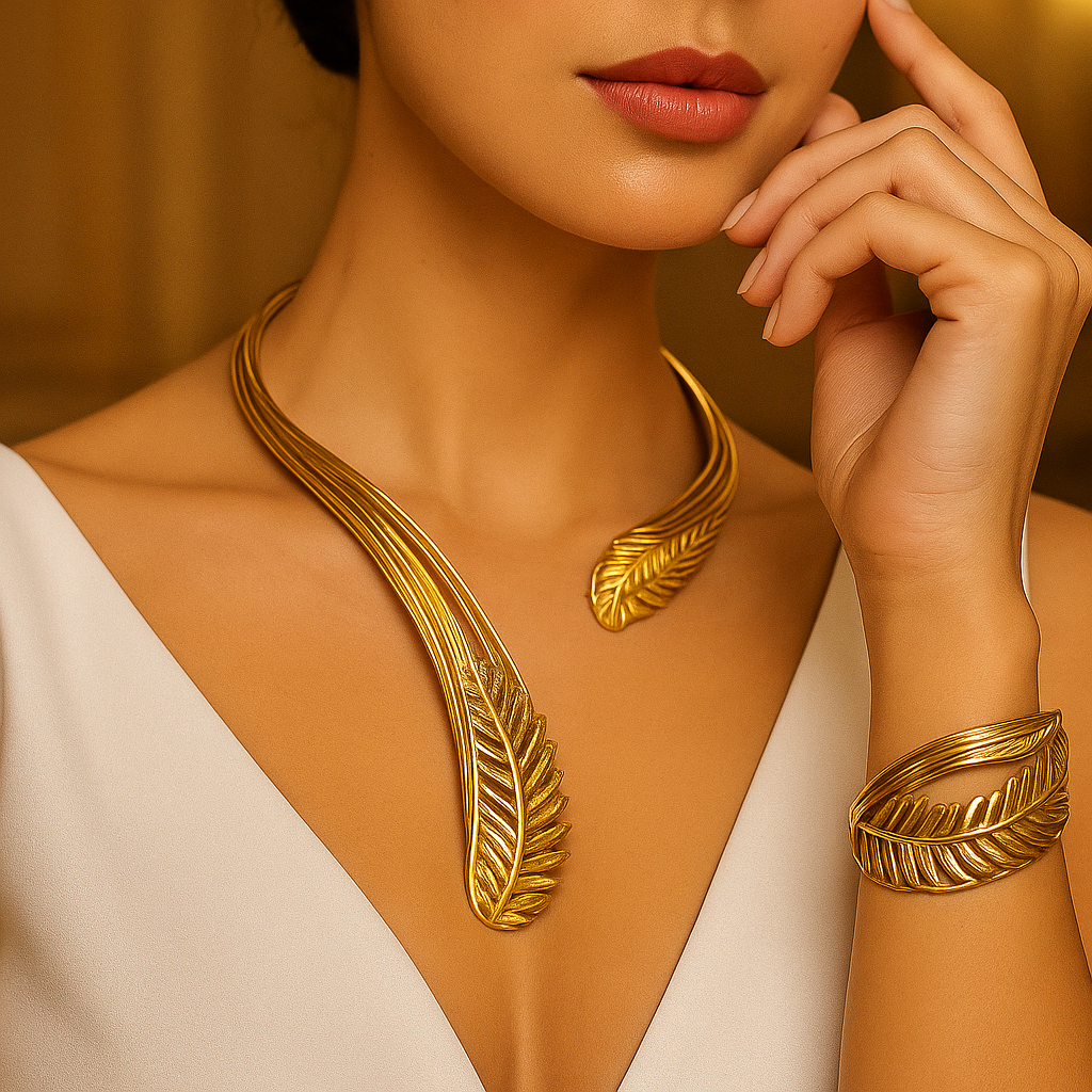 Gold Plated Choker Handmade Open Collar Necklace & Adjustable Bracelet Set