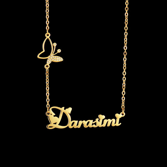 Custom Name Necklace | Zircon Butterfly Pendant | Gold, Rose Gold & Silver