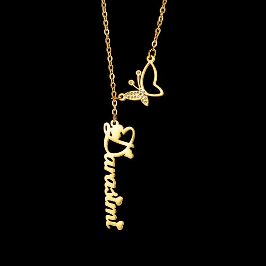 Custom Name Necklace | Zircon Butterfly Pendant | Gold, Rose Gold & Silver