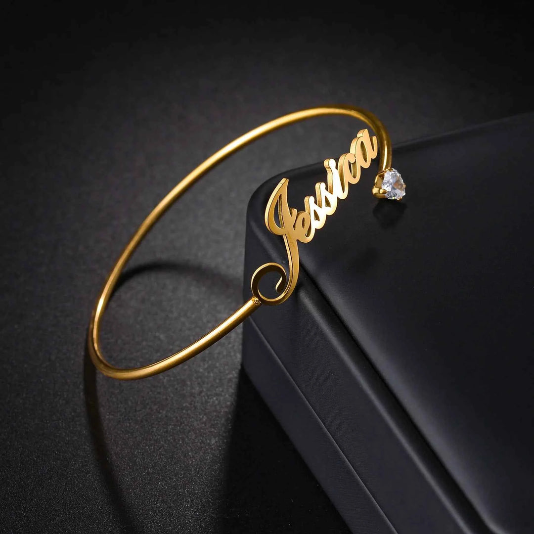 Atoztide Personalized Custom Name Bracelet For Women Stainless Steel Open Adjustable Letter Heart Bangle Jewelry Gift For Lover