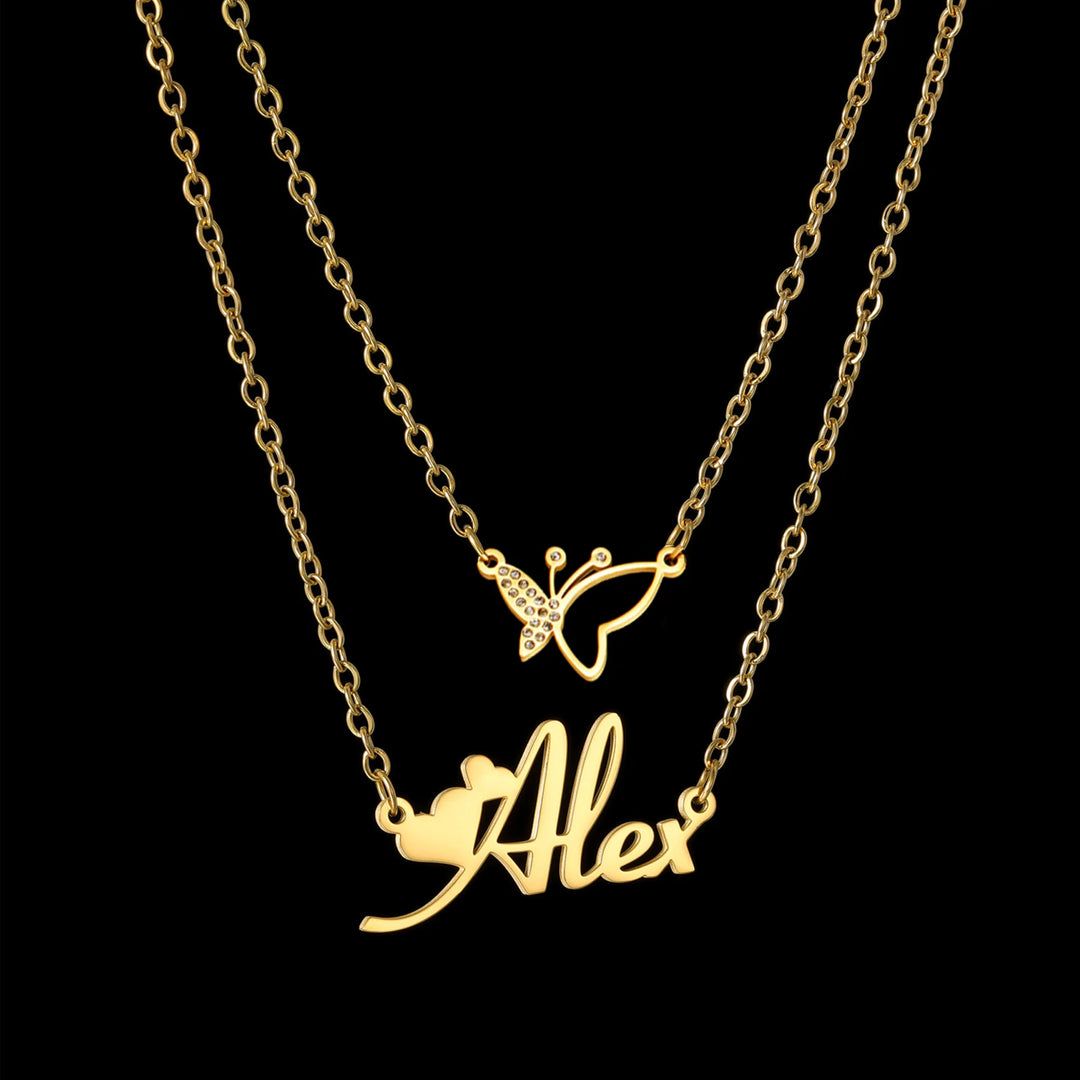 Custom Name Necklace | Zircon Butterfly Pendant | Gold, Rose Gold & Silver