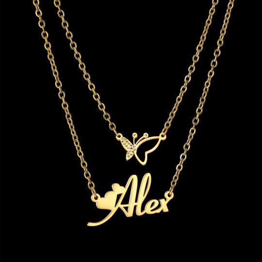 Custom Name Necklace | Zircon Butterfly Pendant | Gold, Rose Gold & Silver