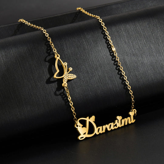 Custom Name Necklace | Zircon Butterfly Pendant | Gold, Rose Gold & Silver