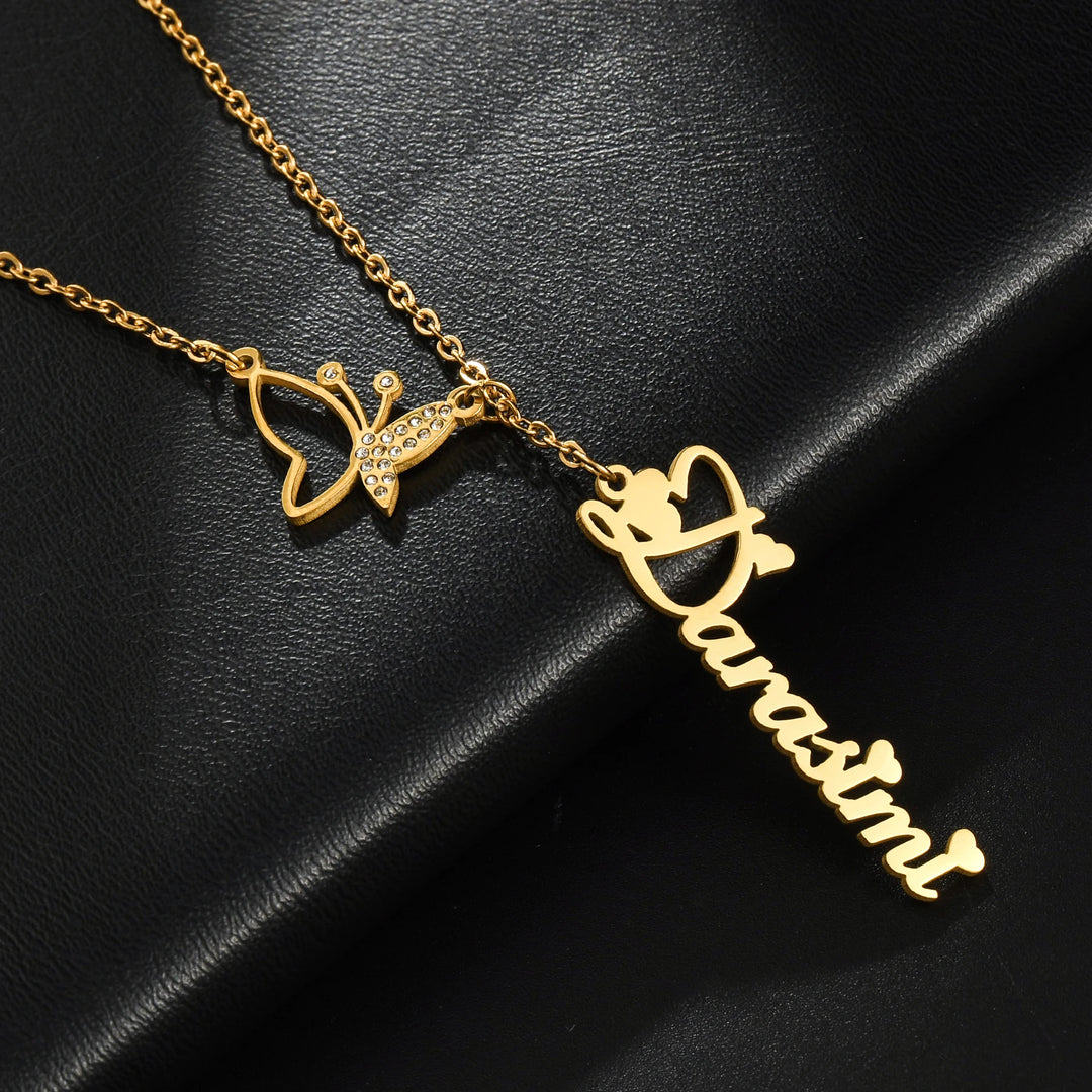 Custom Name Necklace | Zircon Butterfly Pendant | Gold, Rose Gold & Silver