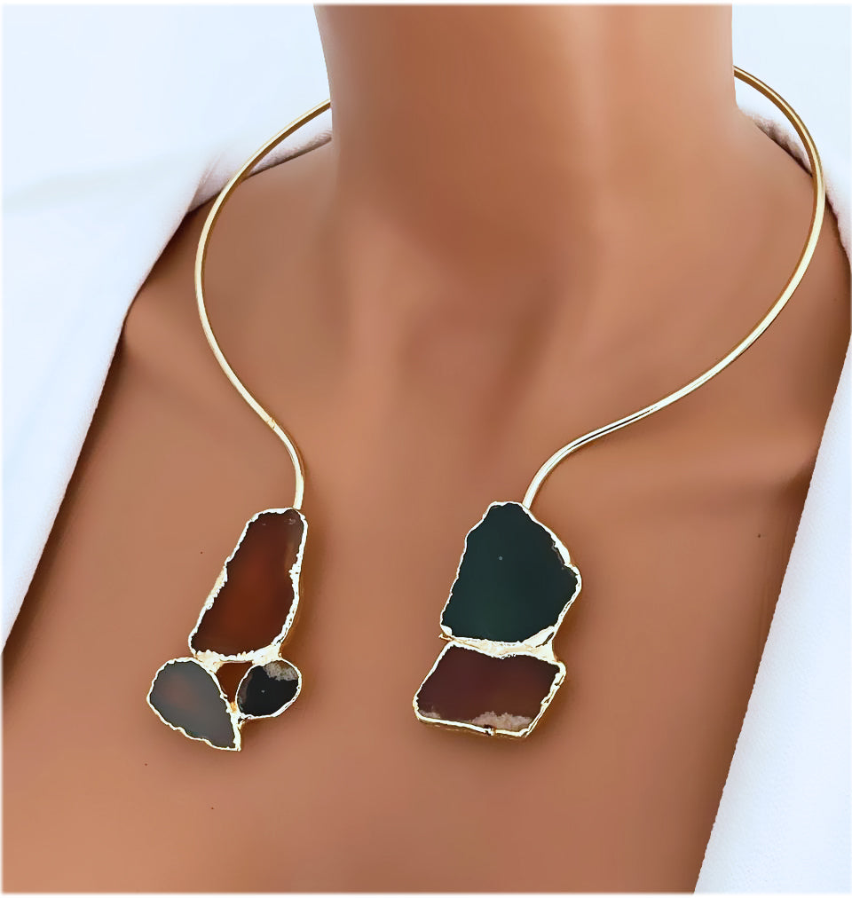 Gold Plated Open CollarChoker Necklace with Natural Agate