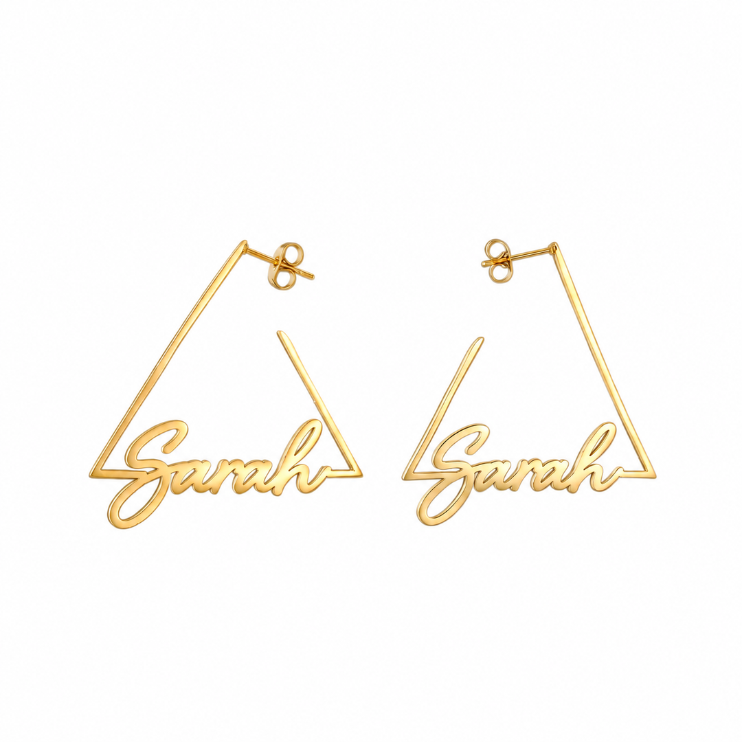 Gold-tone triangle earrings with Sarah name on white