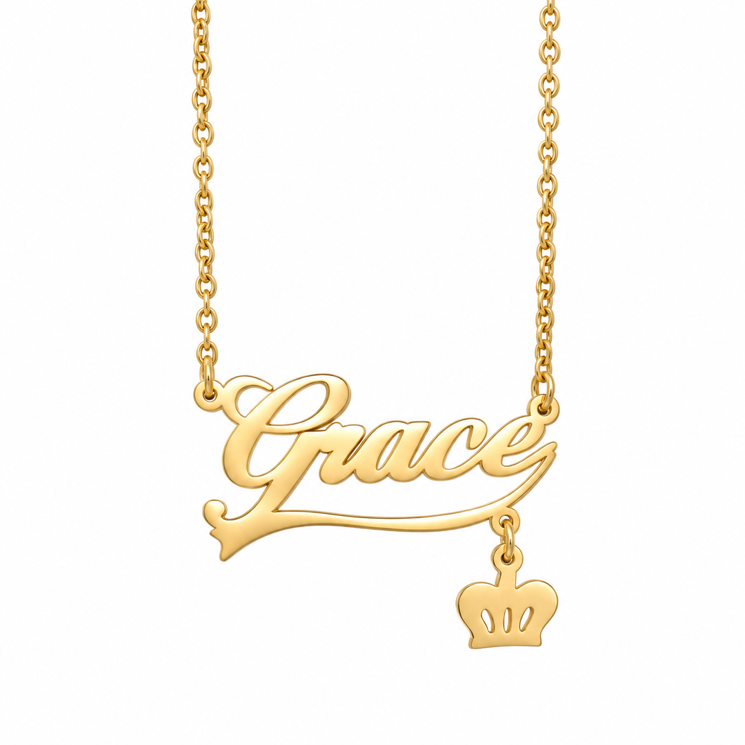 Gold-tone Grace name necklace with crown charm on white