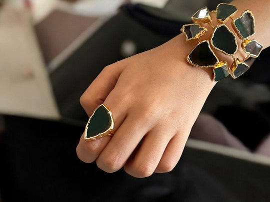 Handmade Gold Plated Cuff Bracelet and Ring Set with Green Natural Agate Stones, Adjustable Statement Bracelet, Special Occasion Jewelry, Handmade In Turkey - Glam Duchess