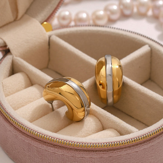 Teardrop-shaped earrings with gold and color matching styled on model, alternate image 2