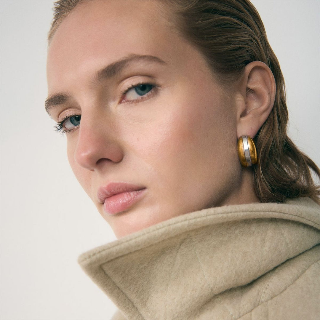 Teardrop-shaped earrings with gold and color matching worn on model, alternate image 2