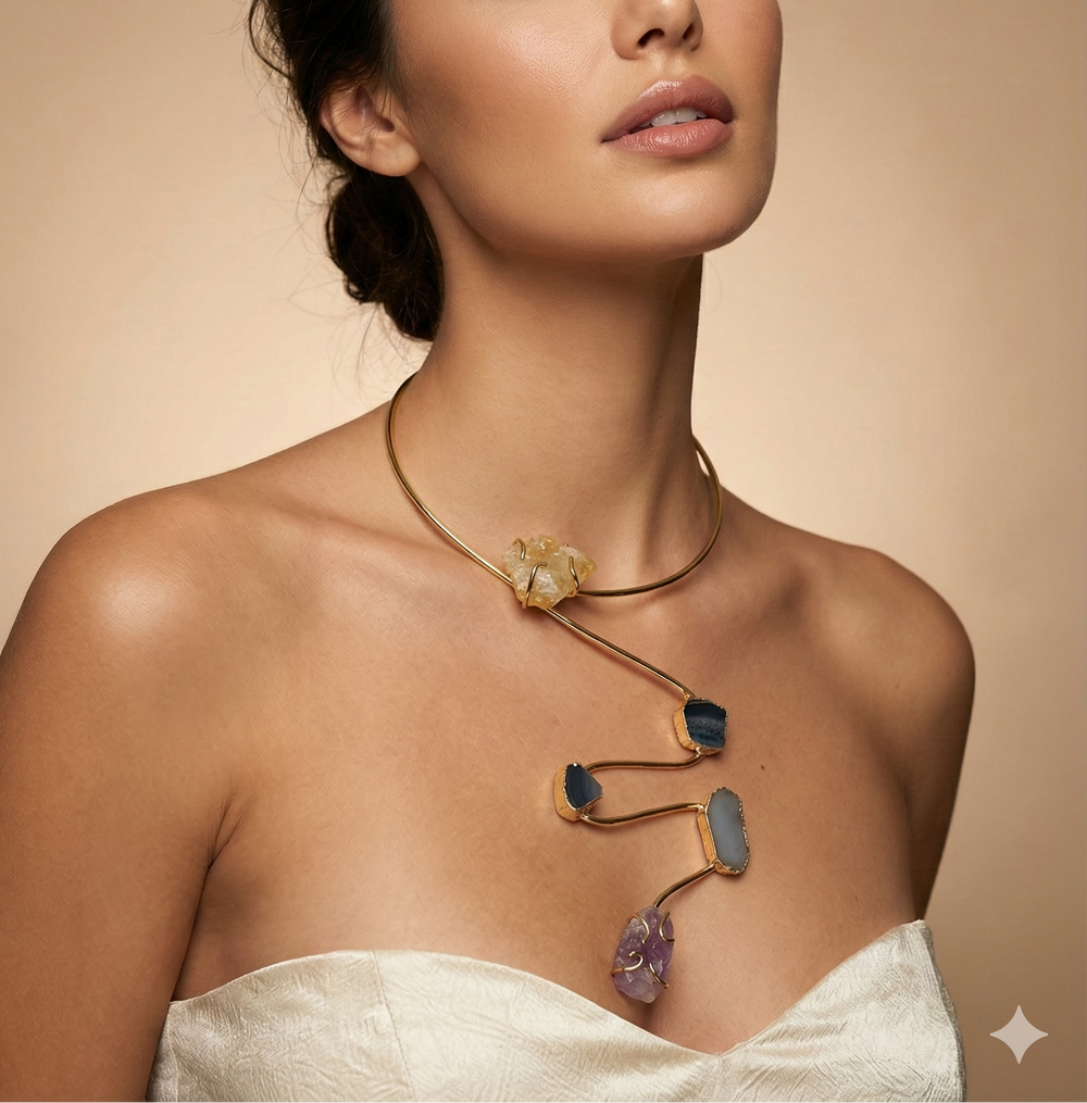 Woman wearing a necklace with colorful stones against a beige background