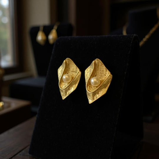 Handmade 18K Gold-Plated Pearl Statement Earrings - Unique Textured Dangle Jewelry, Handmade In Turkey - Glam Duchess