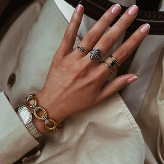 Thick chain with gold and color matching unique bracelet in a close-up wrist view, alternate image 2