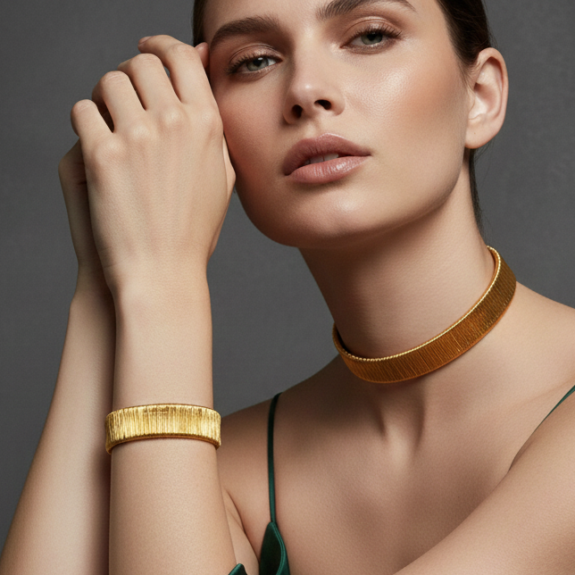 Woman wearing gold jewelry including a choker, bracelet, and ring against a gray background