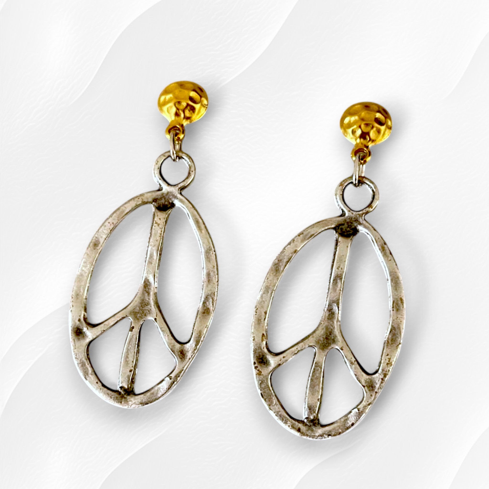 Gold Plated Boho Peace Sign Dangle Earrings