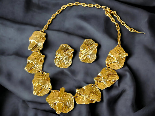 18 K Gold Plated Textured Chunky Statement Choker Necklace Earrings Set - Glam Duchess
