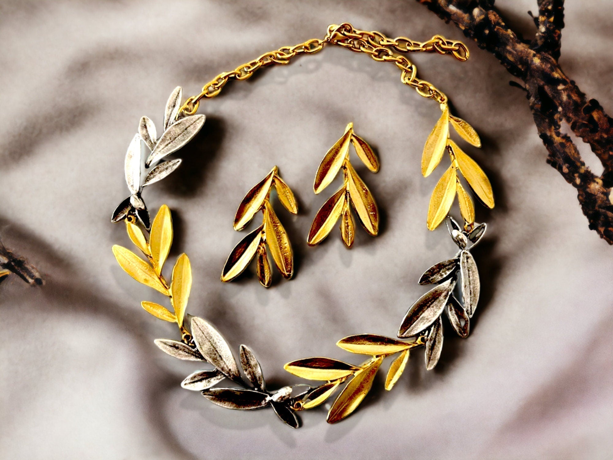 Gold Plated Olive Leaf Jewelry Set - Bohemian Necklace and Earrings Unique Gift, Handmade In Turkey - Glam Duchess