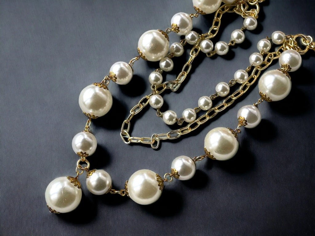 Handmade Gold Plated Long Layered Pearl Necklace, Handmade In Turkey - Glam Duchess