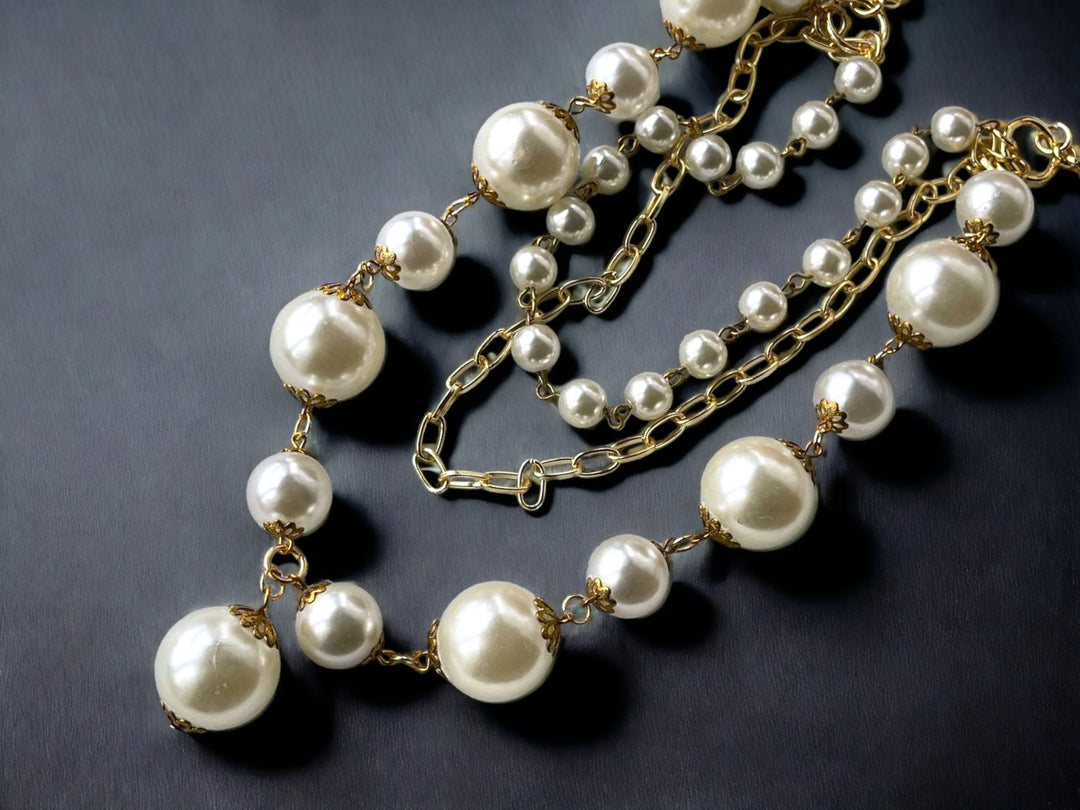 Handmade Gold Plated Long Layered Pearl Necklace, Handmade In Turkey - Glam Duchess