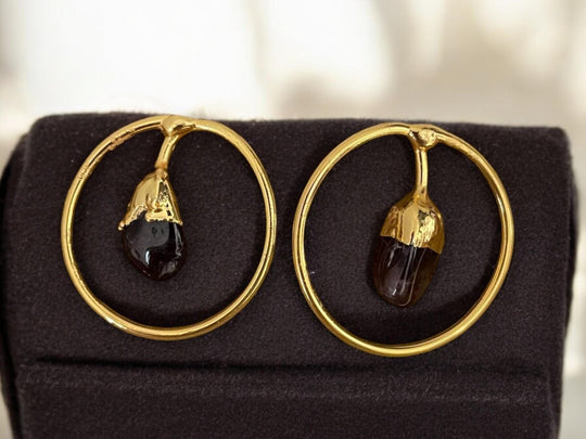 Gold Plated Agate Hoop Earrings - Handmade Minimalist Geometric Dangles, Handmade In Turkey - Glam Duchess