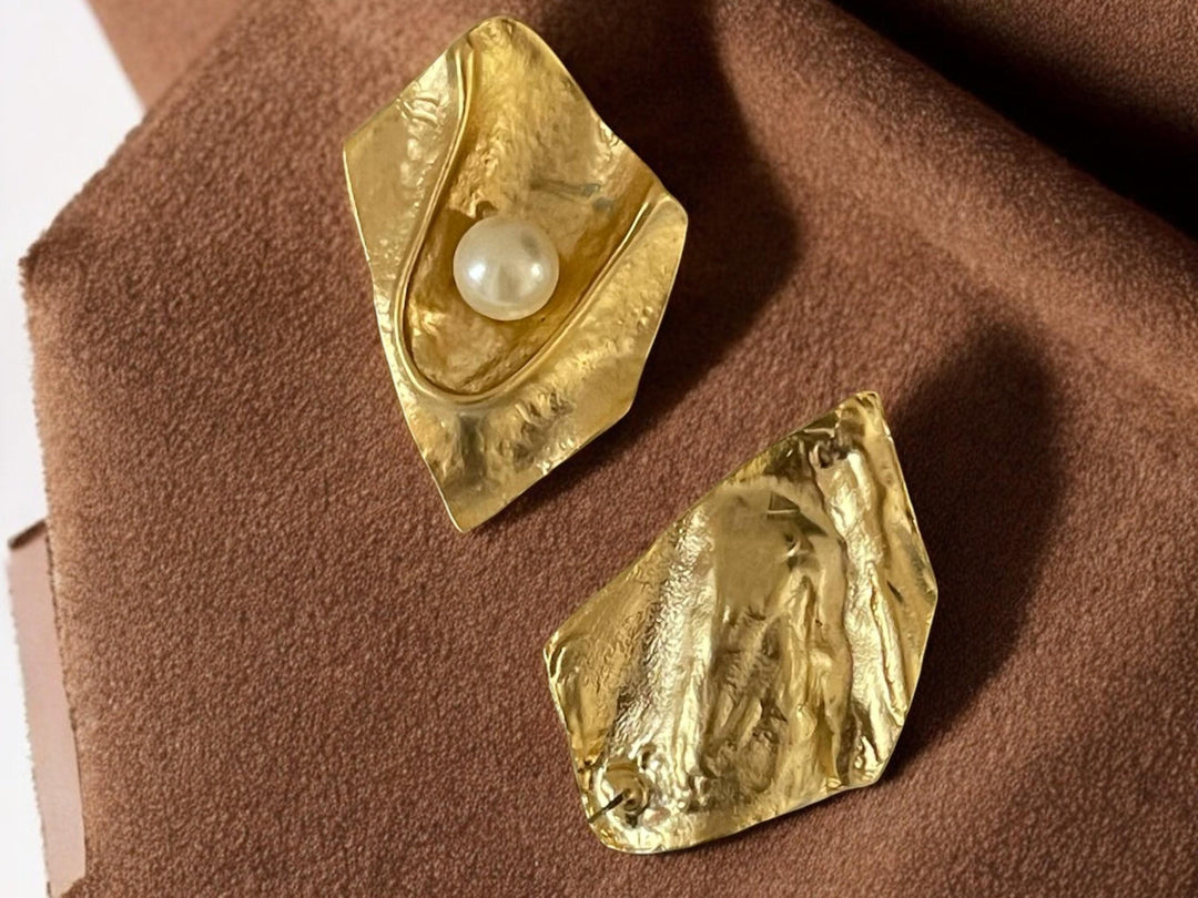 Handmade 18K Gold-Plated Pearl Statement Earrings - Unique Textured Dangle Jewelry, Handmade In Turkey - Glam Duchess