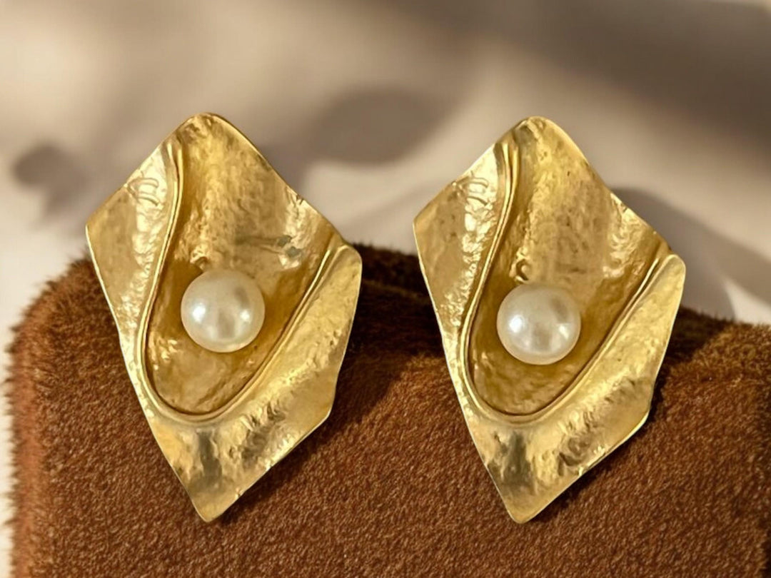 Handmade 18K Gold-Plated Pearl Statement Earrings - Unique Textured Dangle Jewelry, Handmade In Turkey - Glam Duchess