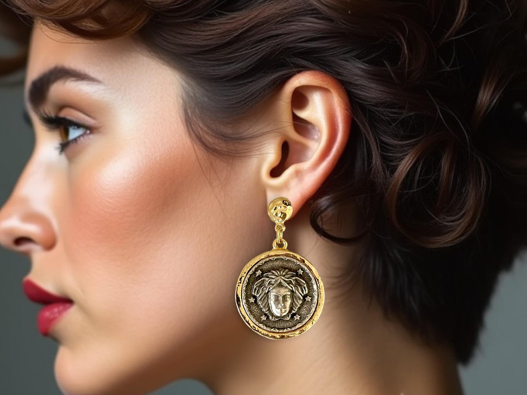 18k Gold Plated Medusa Coin Earrings - Handmade Bohemian Jewelry from Turkiye, Handmade In Turkey - Glam Duchess