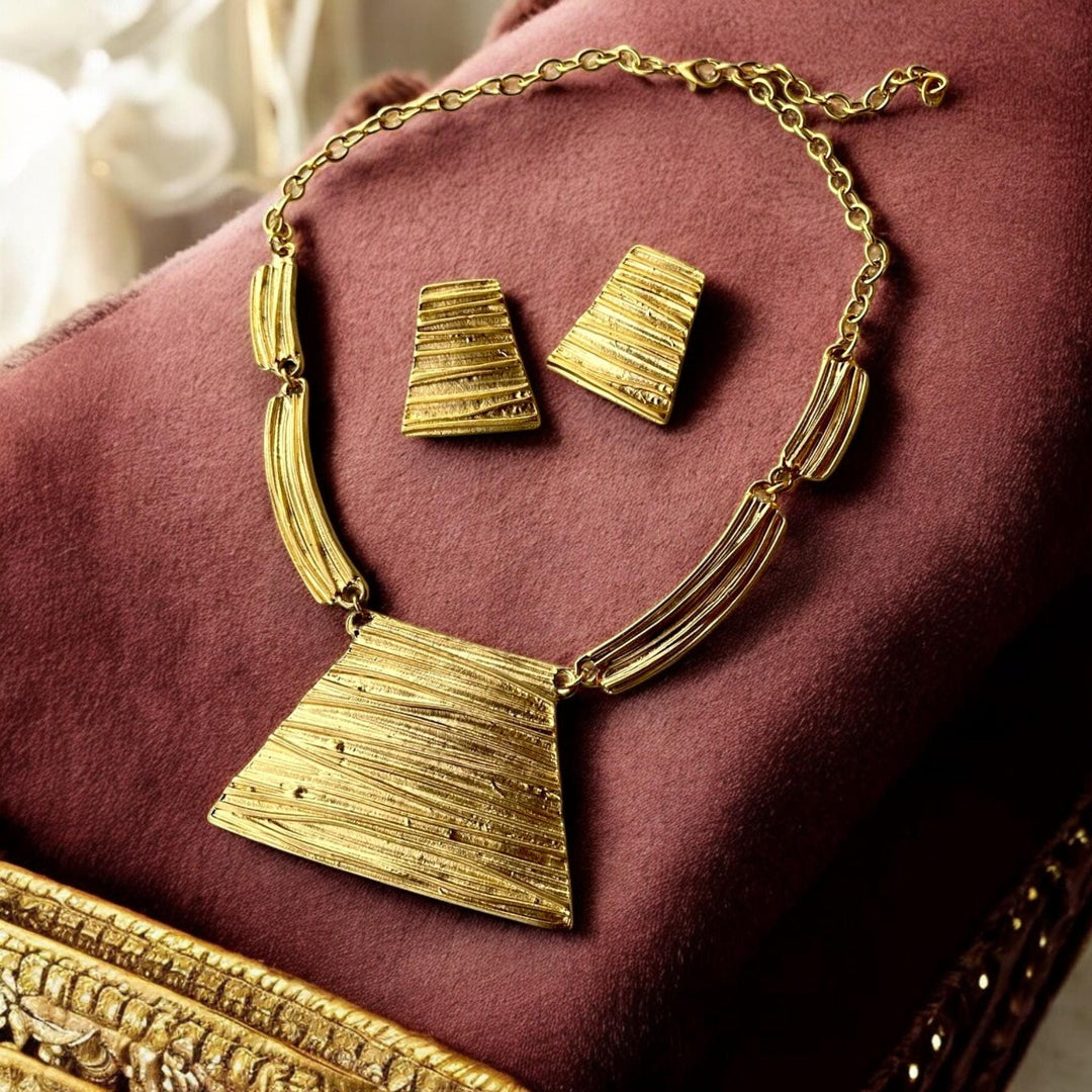 Bold Geometric Bib Necklace Earring Set - Handmade Two-tone Silver Gold Plated Jewelry, Handmade In Turkey - Glam Duchess