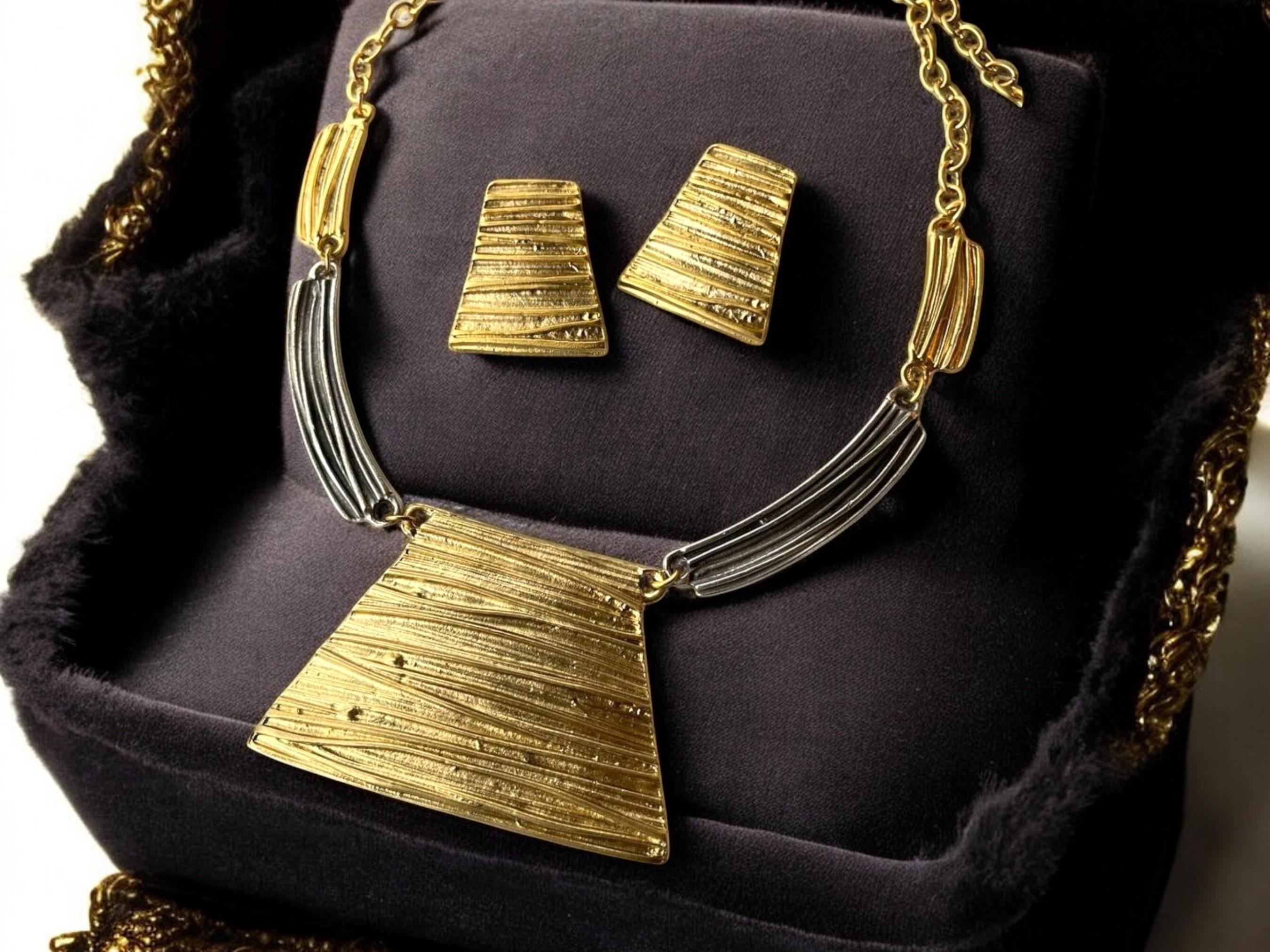 Bold Geometric Bib Necklace Earring Set - Handmade Two-tone Silver Gold Plated Jewelry, Handmade In Turkey - Glam Duchess