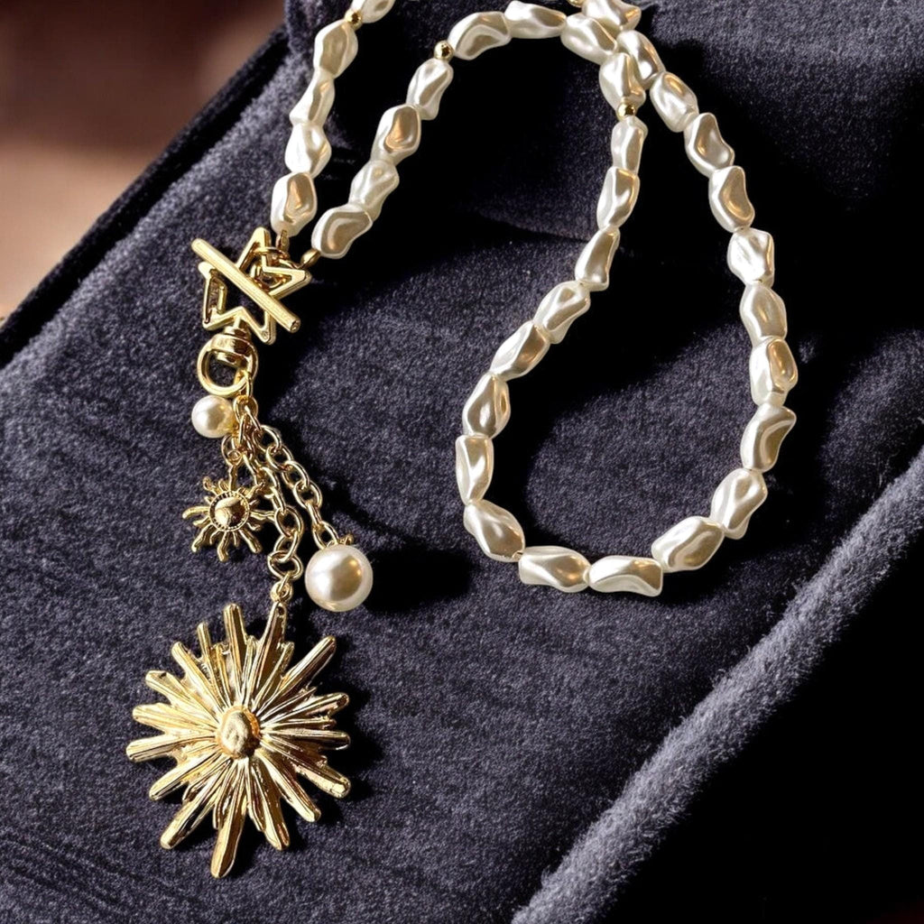 Gold Plated Pearl Necklace - Handmade Baroque Pendant with Sun Moon Star Charms, Handmade In Turkey - Glam Duchess