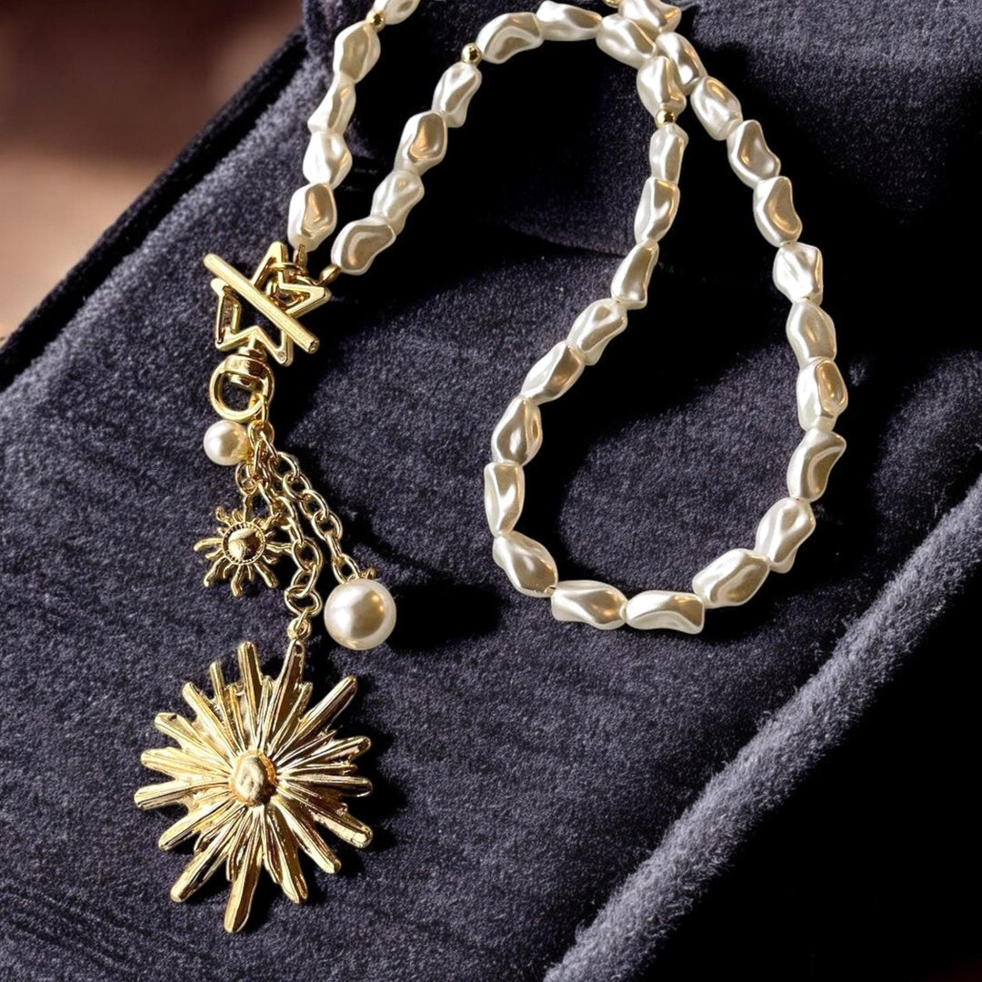 Gold Plated Pearl Necklace - Handmade Baroque Pendant with Sun Moon Star Charms, Handmade In Turkey - Glam Duchess