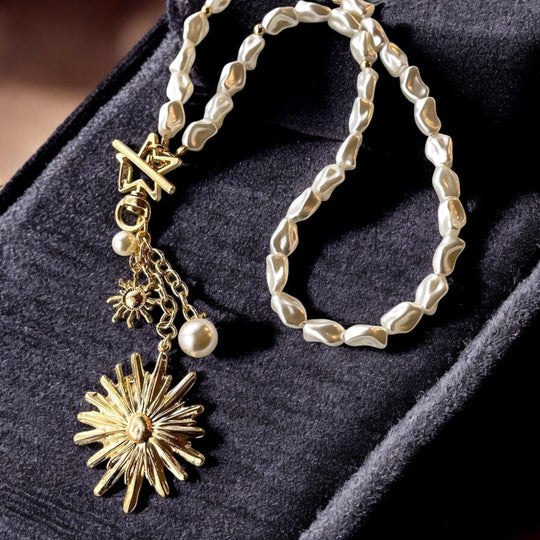 Gold Plated Pearl Necklace - Handmade Baroque Pendant with Sun Moon Star Charms, Handmade In Turkey - Glam Duchess